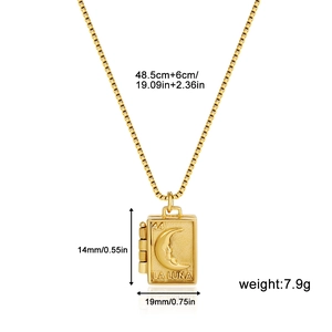 Detailed dimensions of gold moon locket pendant necklace with weight and size specs