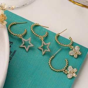 Gold Plated Brass Hoop Earrings With CZ Butterfly And Star Pendants Minimalist Commuter Style For Women