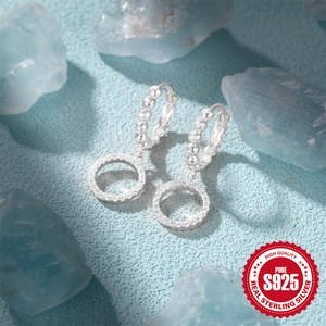 925 Sterling Silver hoop earrings with sparkling paved diamond circle drop charms