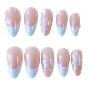 Almond-shaped French press-on nails in light blue and pink with pearls and white flowers