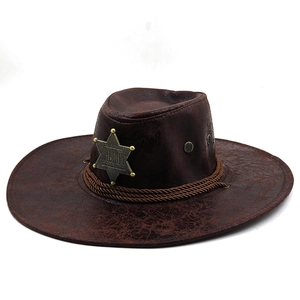 Brauner Cowboyhut aus Kunstleder im Western-Stil mit Sheriff-Stern und Kordelverzierung