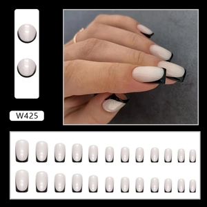Elegant aurora white press-on nails with stylish black French tips, glossy long square fake nails