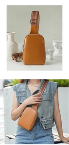 Detail view of tan crossbody bag with striped woven strap and metal zipper closure