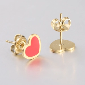 S925 sterling silver gold-plated heart stud earrings with bright red enamel finish