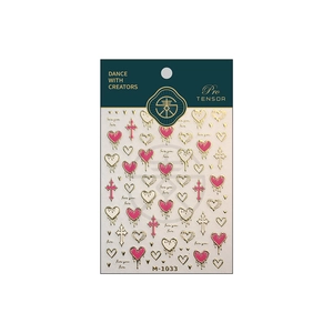 Pink heart and gold cross nail art stickers M-1033 series with metallic details