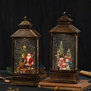 Christmas Lantern Snow Globe Music Box With LED Light Santa Claus Snowman Vintage Bronze Holiday Tabletop Decor