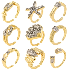 Elegant Copper Zirconia Adjustable Open Ring For Women Geometric Heart Starfish Inlaid Rhinestone Fashion Jewelry Finger Ring