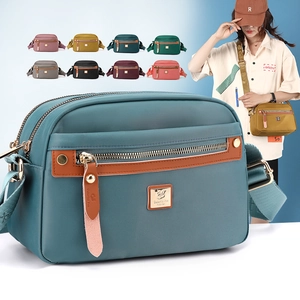 Waterproof nylon crossbody bag for women with multi-layer zipper pockets and wide strap