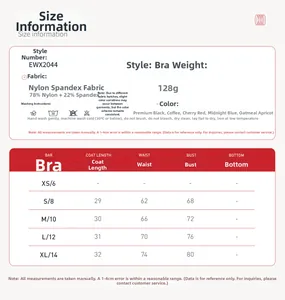 Size guide table for cross back sports bra showing XS to XL measurements in centimeters