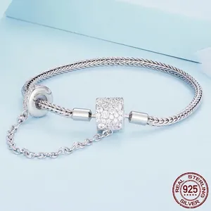 Elegant 925 sterling silver charm bracelet with sparkling pave zircon bead and safety chain