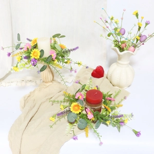 Artificial Flower Wreath Candle Ring Daisy Eucalyptus Spring Wedding Table Decor Rural Style Polyester Plastic