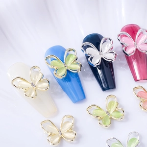 3D cat eye butterfly nail charms with rhinestones and alloy frame on nail tips