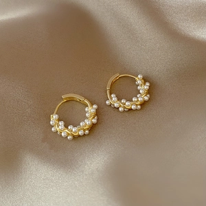 Geometric Hoop Earrings With Artificial Pearls And 925 Sterling Silver Earring Post Retro French Elegant Twisted Metal C-Shaped