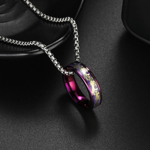 Modern purple and gold dragon phoenix ring pendant on silver chain necklace