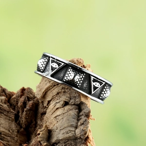 Vintage titanium steel ring featuring an Egyptian pyramid eye and square motifs