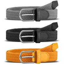 Three elastic woven belts in gray, black, and yellow with metal buckles and PU leather detail