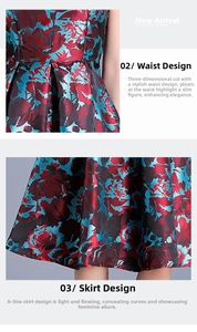 Detail of red and blue rose jacquard fabric with pleated waist and A-line hem design