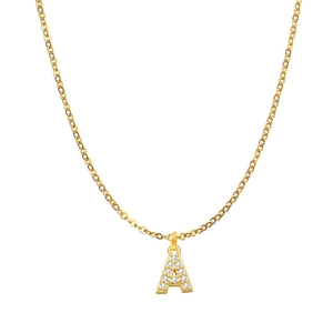 Gold chain necklace with sparkling zircon-encrusted A letter pendant on white background