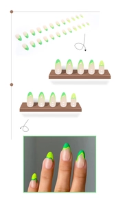 Detail of almond-shaped press-on nails with neon green and yellow wavy French tips