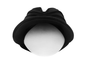 Close-up of black sun hat with pleated bow design and durable twill fabric texture
