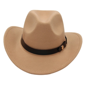 Detail of khaki wool felt cowboy hat featuring black leather belt and gold metal buckle
