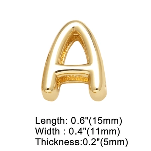 Gold 3D letter A charm for DIY bracelets with detailed size dimensions of 15x11x5mm