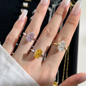 S925 sterling silver rings with oval ice-flower cut zircon in pink, yellow, and clear