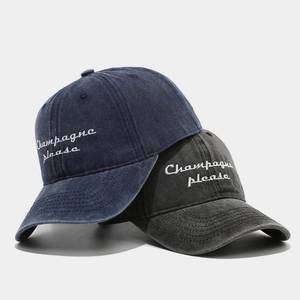 Vintage cotton baseball caps in navy and charcoal grey with Champagne Please embroidery