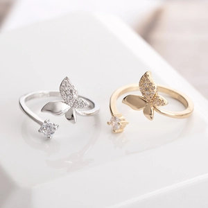 Adjustable copper butterfly ring with micro-set zircons in gold and silver finish