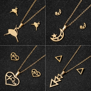 Collier Et Boucles D Oreilles En Acier Inoxydable Pour Femmes Minimaliste Coeur ECG Étoile Lune Triangle Géométrique