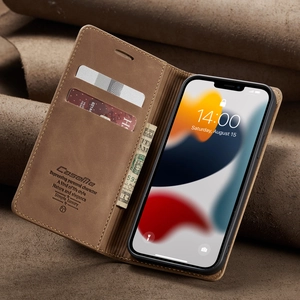 Brown leather flip wallet phone case with two card slots and a cash pocket detail