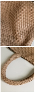 Macro shot of apricot woven leather tote texture and seamless handle craftsmanship
