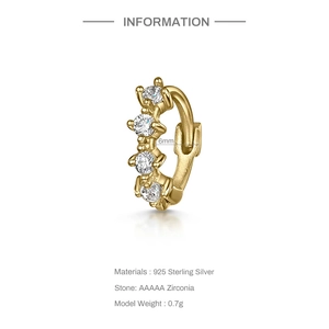 Detail of 925 sterling silver 6mm gold ear cuff with four AAAAA cubic zirconia stones