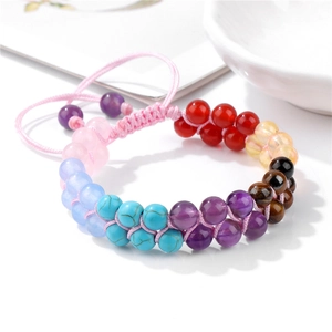 Detailed view of handmade double-layer woven bracelet with multi-color tiger eye stone beads