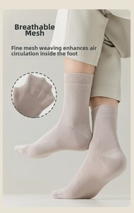 Close-up of breathable mesh structure on cotton crew socks in light oatmeal color