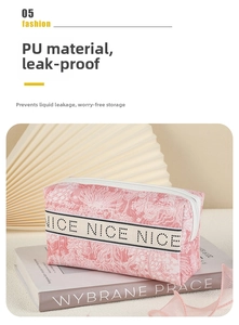 Pink PU makeup bag with NICE ribbon and zipper detail on an elegant lifestyle background