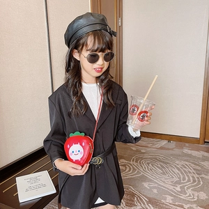 Cute strawberry shaped kids crossbody bag in red leather with green leaf and cartoon face
