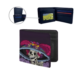 Men's bifold PU leather wallet featuring colorful Mexican Sugar Skull Day of the Dead print