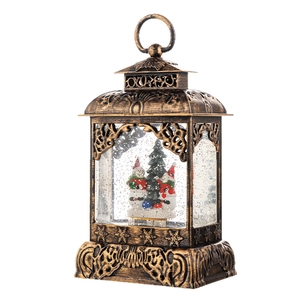 Vintage bronze Christmas lantern with snowmen scene and glitter snowflakes