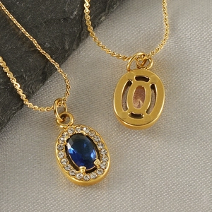 18K gold plated double layer necklace with blue oval zircon and sparkling crystals