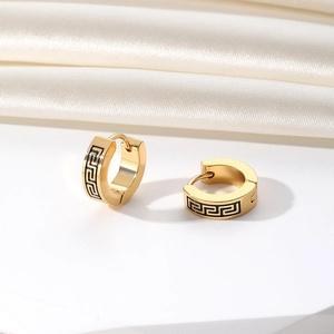 Golden stainless steel hoop earrings featuring classic Greek meander patterns and chic style