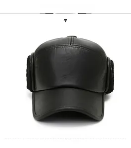 Front view of men's winter leather flat top hat with warm plush earflaps in black