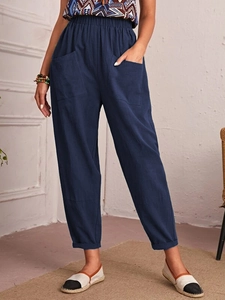 Women's dark blue cotton linen trousers with elastic waist and large side pockets