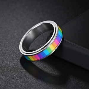 Macro shot of rotatable rainbow stress relief ring in polished stainless steel