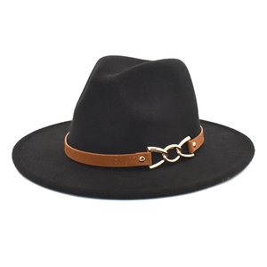 Detail of black wool fedora with brown strap and golden triple-ring metal buckle
