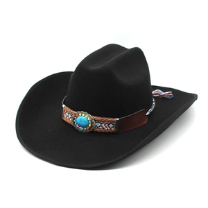 Western Cowboy Hat Ethnic Turquoise Band Tassel Wide Brim Woolen Fedora Hat Outdoor Sunshade Party Felt Hat For Women Men