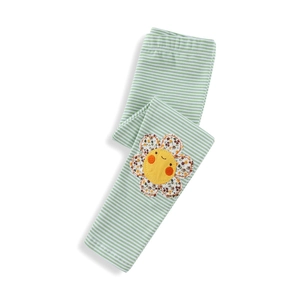 Toddler girls striped leggings in green and white cotton with a sunflower patch