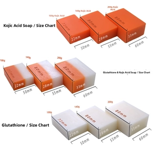 Detailed size specifications for Kojic acid soap and Glutathione bars in various weights