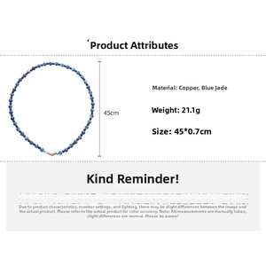 Detailed view of blue jade beaded necklace with silver clasp and dimensions 45cm x 0.7cm