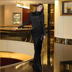 Vestido Largo Sexy Negro De Manga Larga Con Cuello Alto Y Recorte En La Cintura Bodycon Para Mujer
